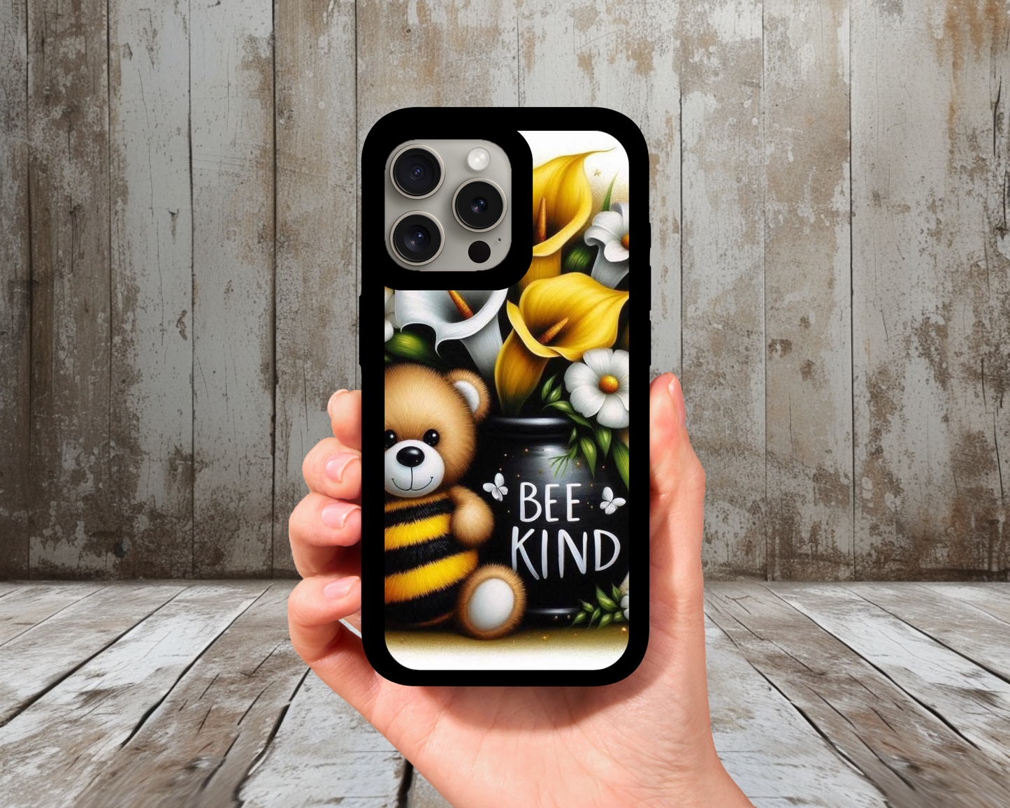Bee Kind Teddy & Florals iPhone Case (Light Glitter Insert)