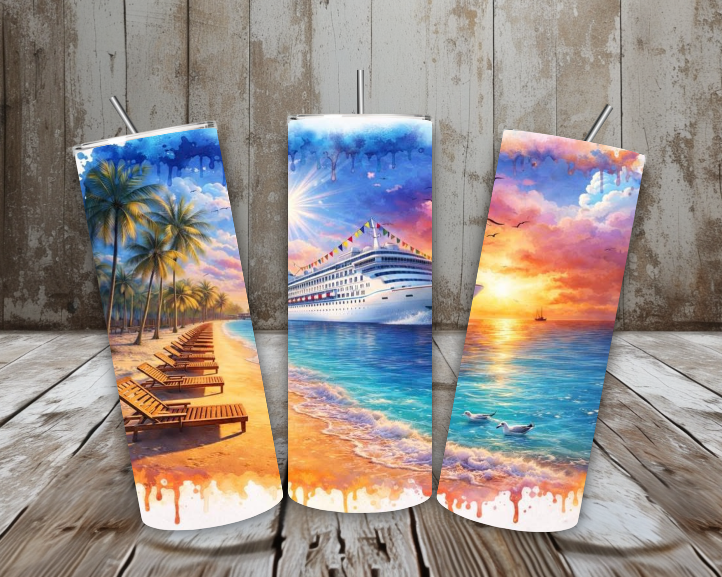 20 oz Tropical Cruise Sunset Stainless Steel Tumbler – Beach & Ocean Vacation Scene (Lid + Straw)