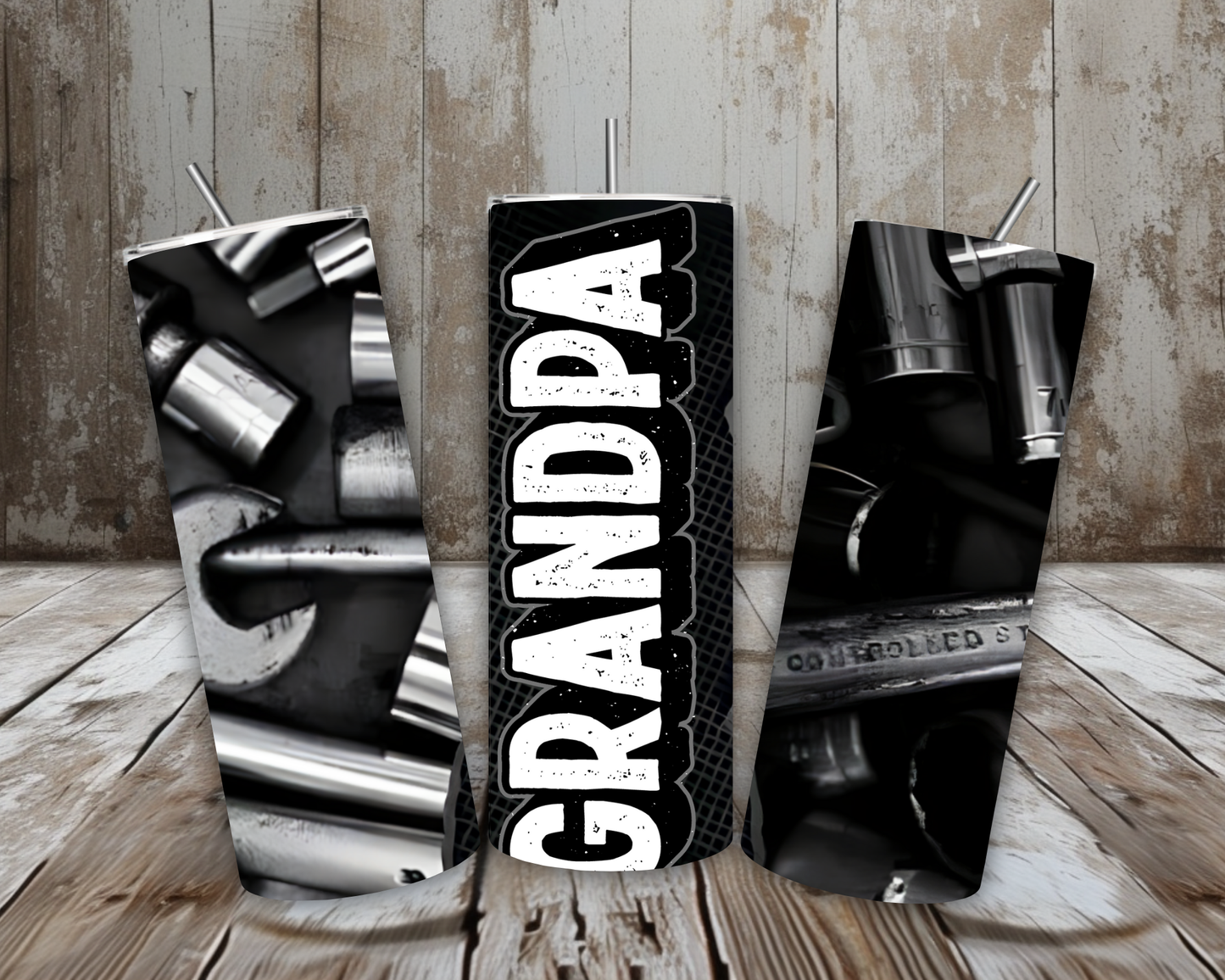 20 oz Grandpa Stainless Steel Tumbler – Black & Silver Tool Shop Design (Lid + Straw)