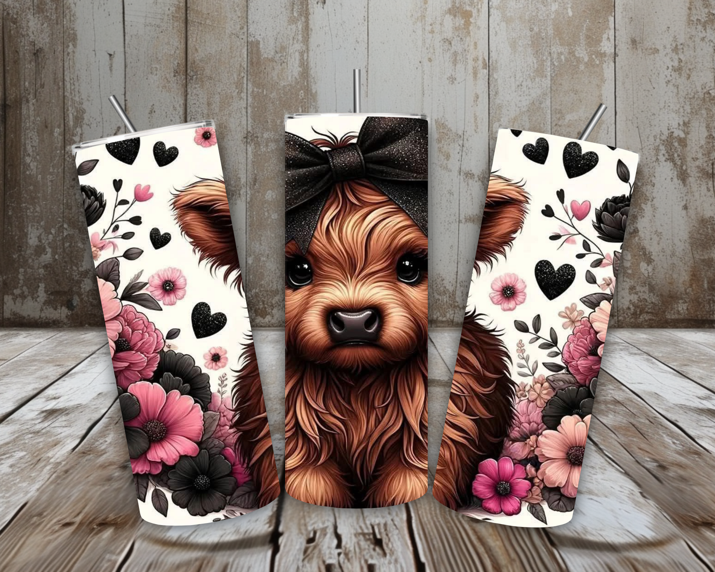 20 oz Highland Cow Bow & Floral Stainless Steel Tumbler – Pink & Black Hearts (Lid + Straw)