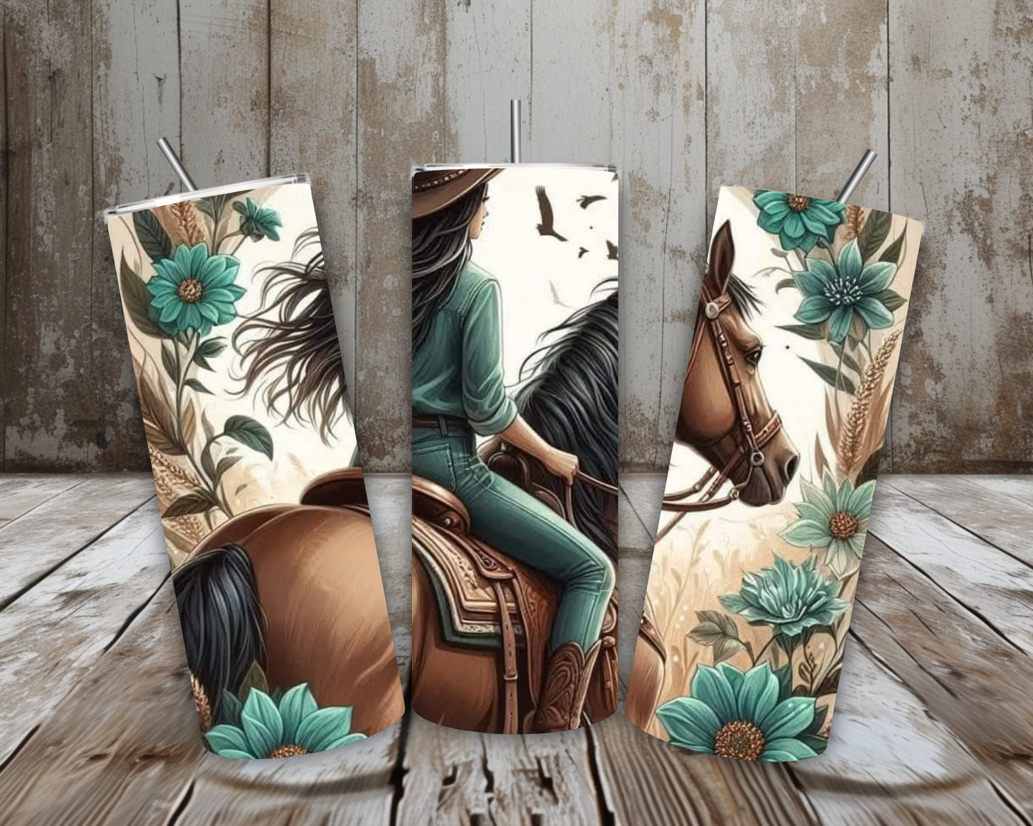 20 oz Western Cowgirl Stainless Steel Tumbler – Horseback Rider & Teal Floral Boho Design (Lid + Straw)