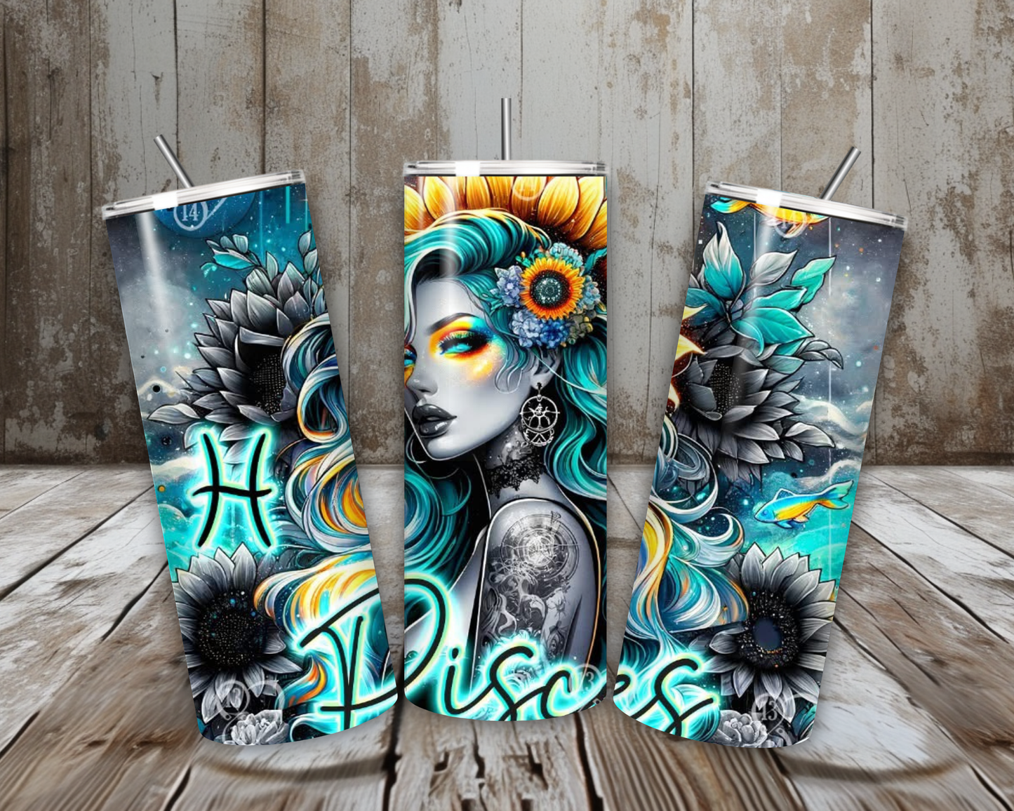 20 oz Pisces Goddess Stainless Steel Tumbler – Neon Zodiac Fantasy Art (Lid + Straw)