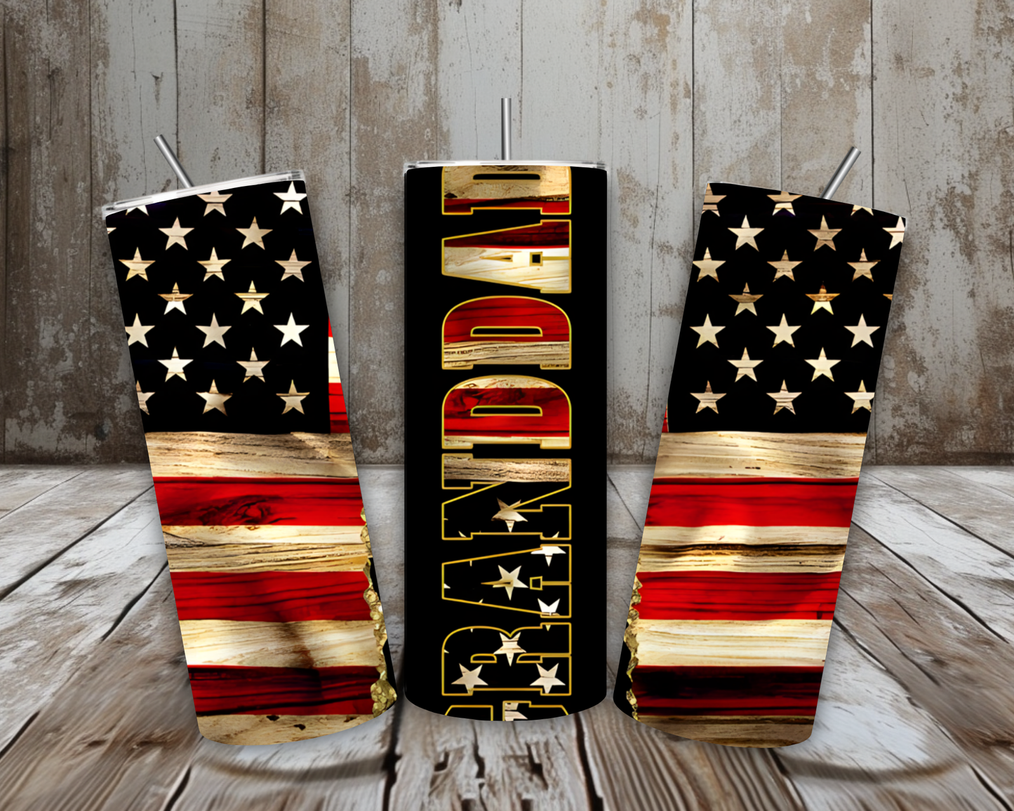 20 oz Grandad Patriotic Stainless Steel Tumbler – American Flag Wood Design (Lid + Straw)
