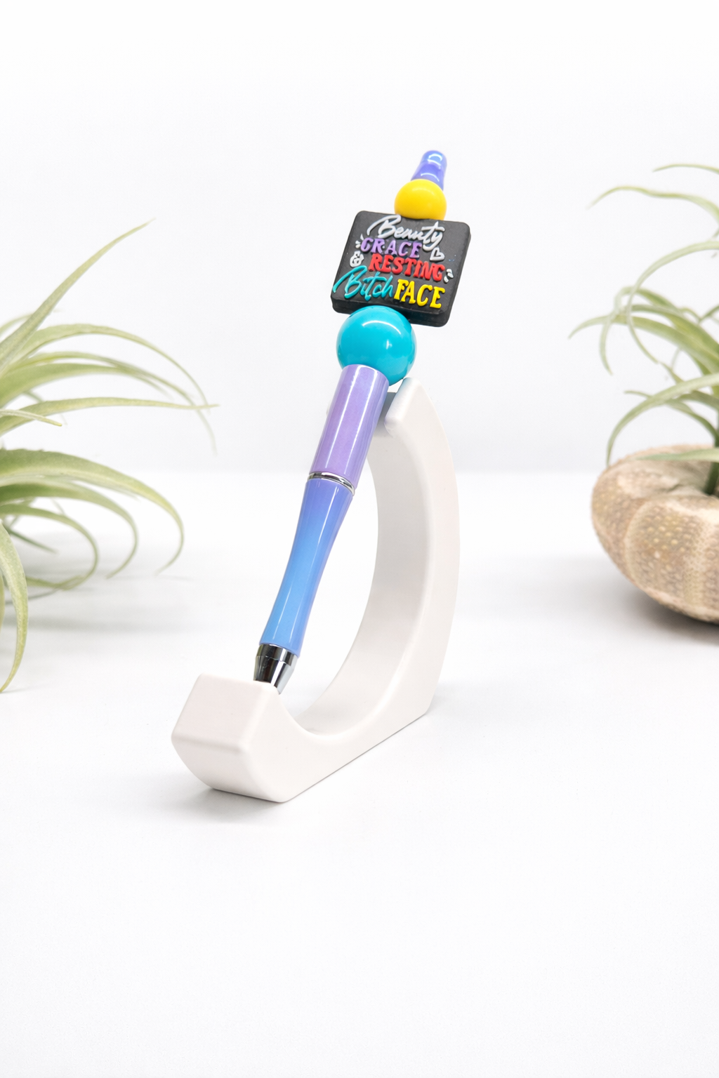 Beauty Grace & Resting Bitch Face Beaded Pen – Purple & Teal Funny Quote Ink Pen | Sassy Desk Accessory