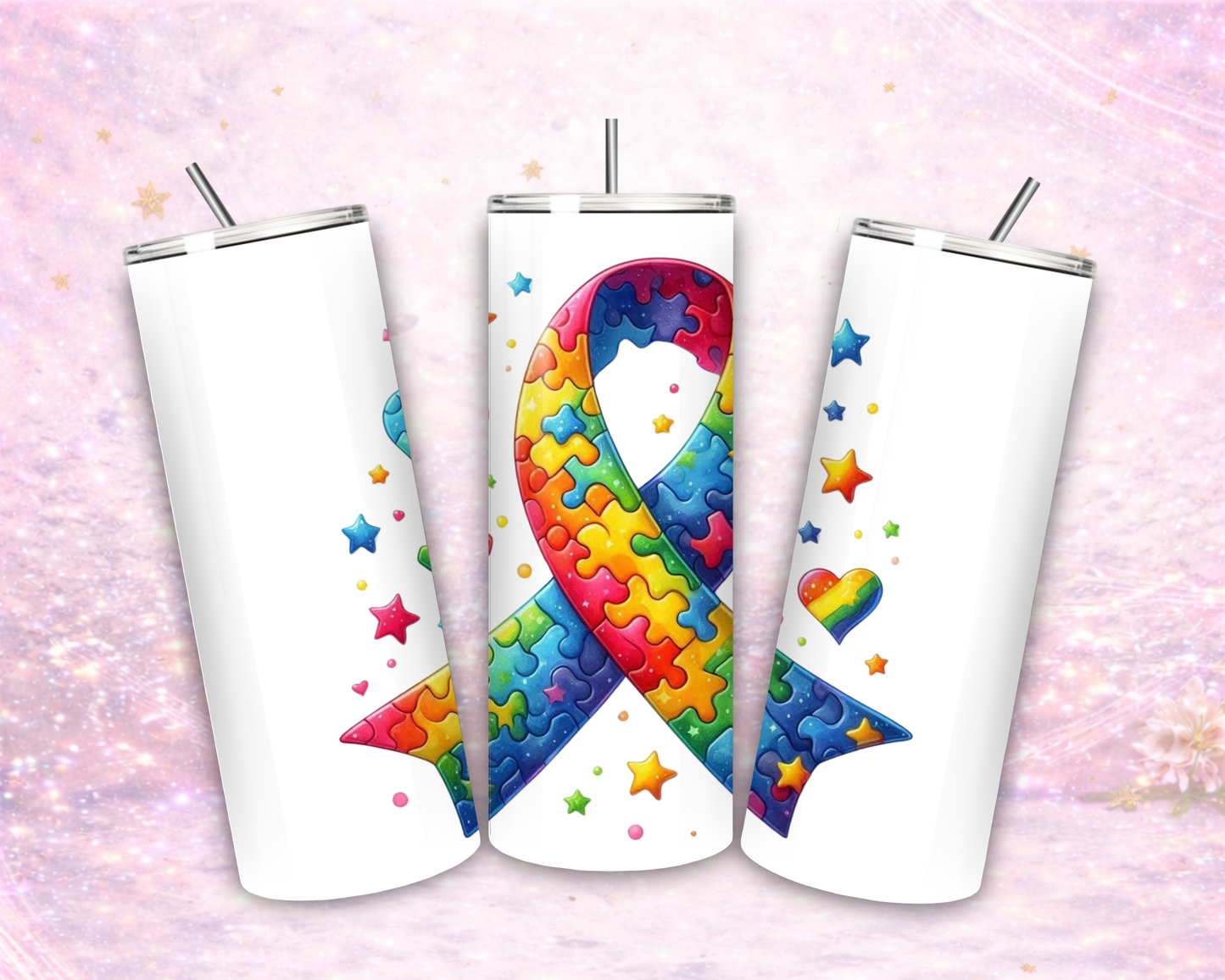 Autism Awareness 20 oz Stainless Steel Tumbler | Colorful Puzzle Ribbon Travel Cup