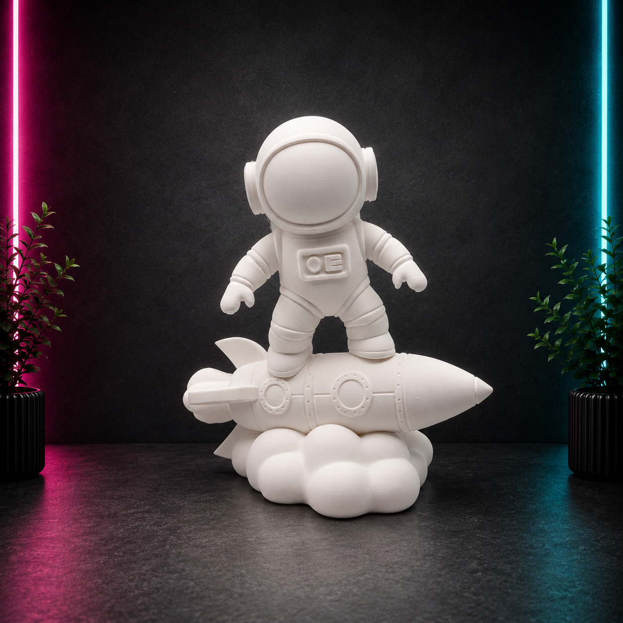 White 3D printed astronaut standing on a rocket statue for space-themed desk décor and home decoration displayed on a black neon background.