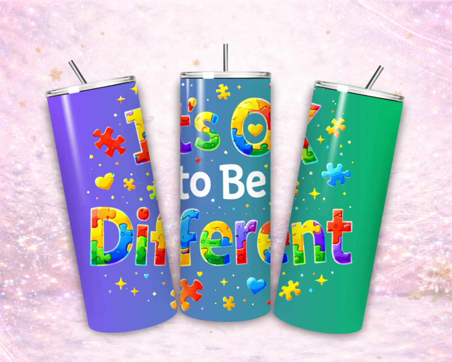 Colorful puzzle piece autism awareness tumbler 20 oz stainless steel cup with lid and straw