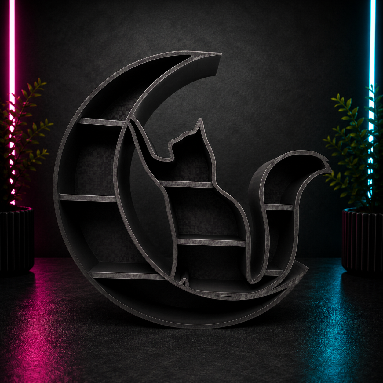 Black crescent moon and cat display shelf with multiple storage ledges for crystals and collectibles on a neon black background.
