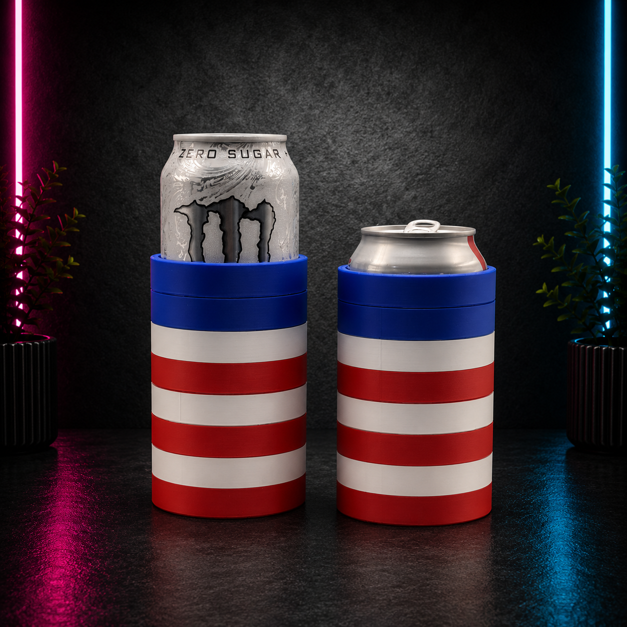 Red, white, and blue striped patriotic can cooler sleeve holding beverage cans on a neon black background.