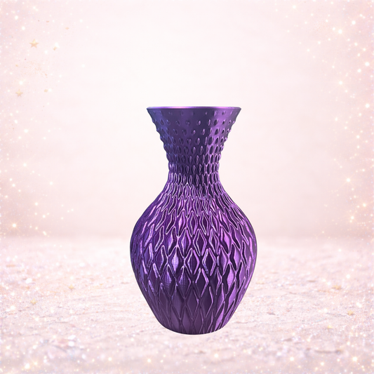 Close-up of purple textured geometric vase showing detailed lattice design