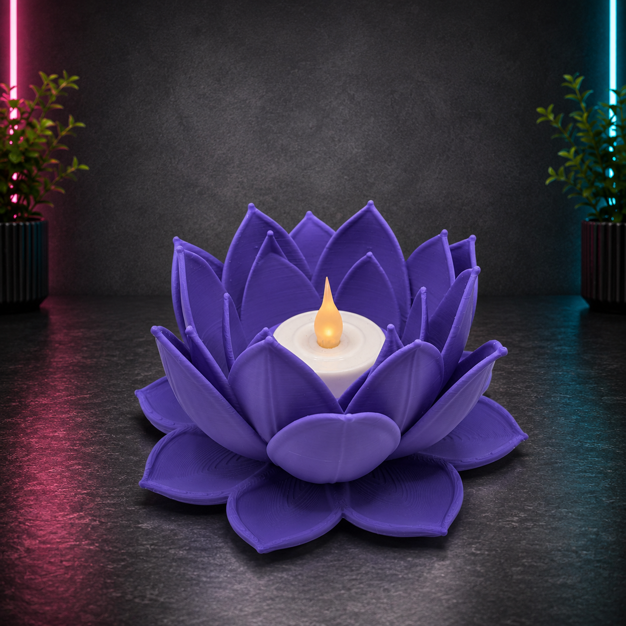 Purple lotus flower tealight holder with layered petals holding a glowing LED candle on a dark studio background.