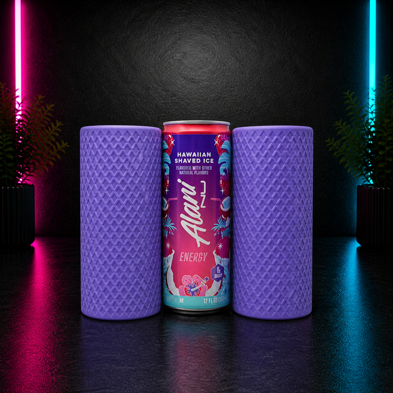 Purple textured slim can holder with Hawaiian Shaved Ice energy drink can displayed on a dark neon pink and blue background by Chaotic Glow Studio.