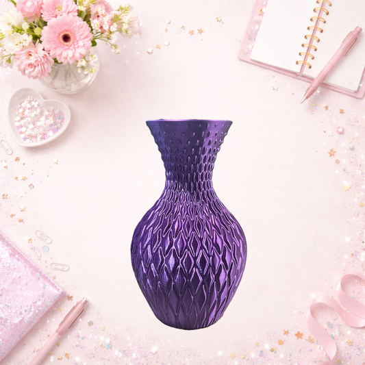 Purple decorative vase styled on desk with flowers and stationery modern home decor