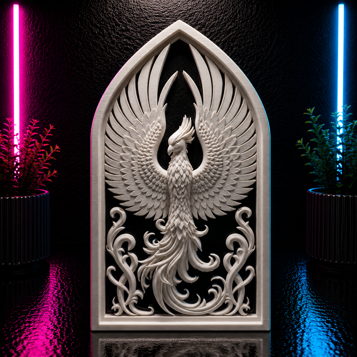 White rising phoenix wall decor with detailed outstretched wings, ornamental feathers and gothic arched frame.