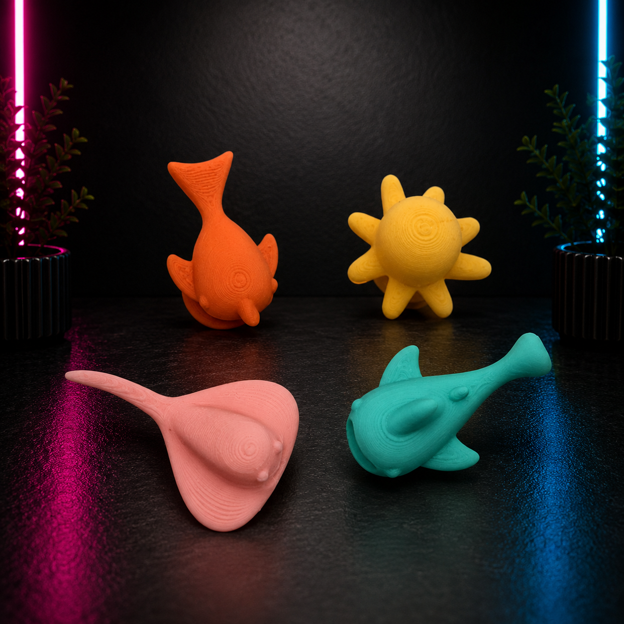 Four-piece sea life shoe charm set featuring a whale, octopus, stingray, and shark.