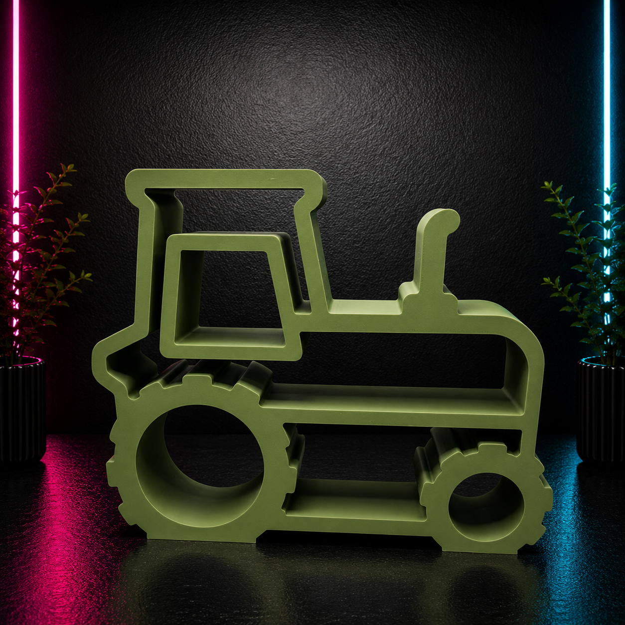 Green tractor-shaped display shelf with multiple compartments for collectibles, plants, and decorative items.