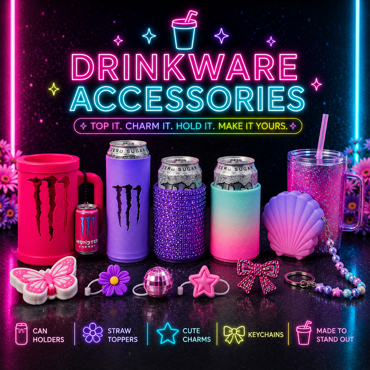 Neon themed drinkware accessories collection featuring slim can holders, tumbler accessories, straw toppers, charms, keychains, and glitter tumblers from Chaotic Glow Studio