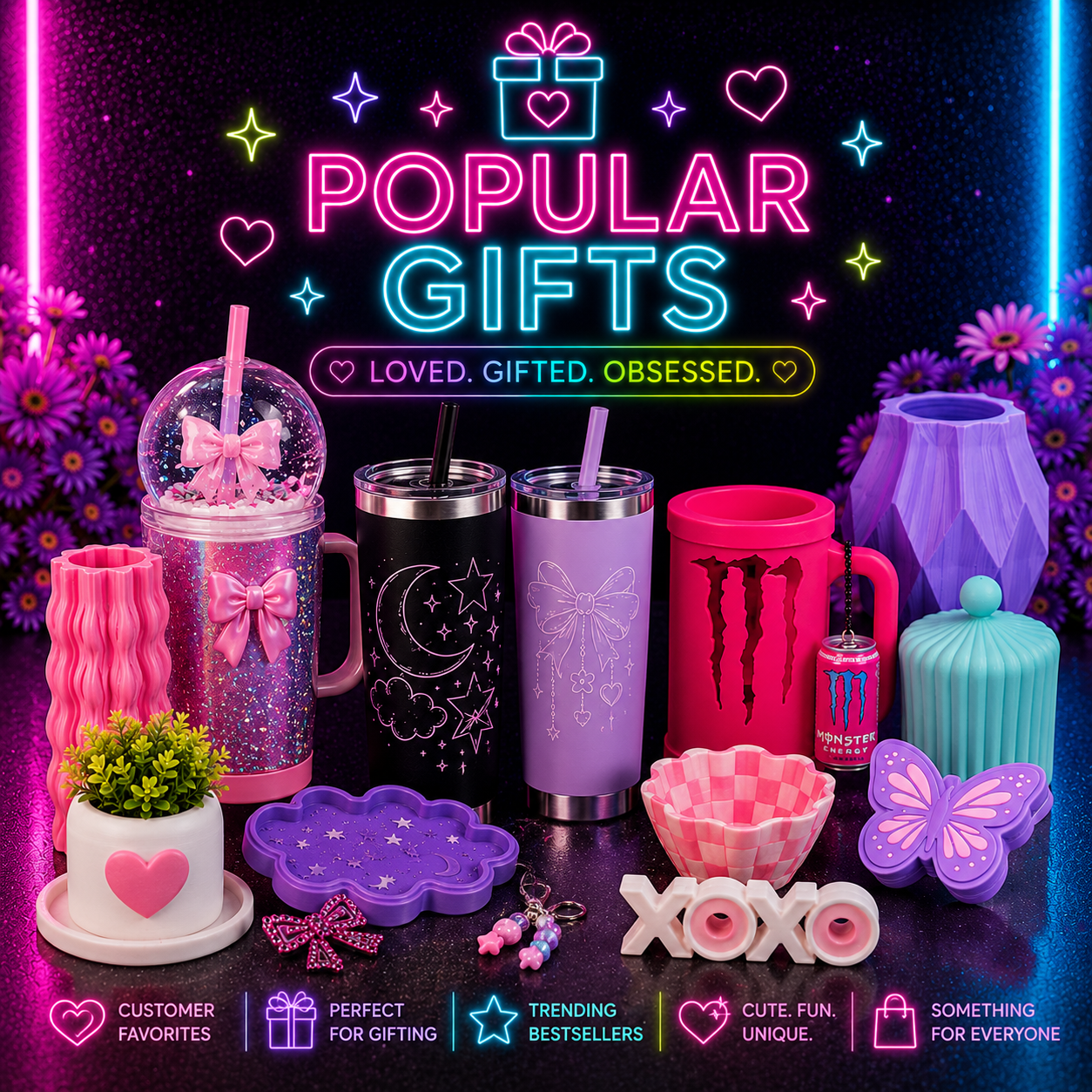 Popular gifts collection image featuring colorful tumblers, snow globe cups, can holders, home decor, butterfly accessories, trays, and trendy gift items on a neon boutique background for Chaotic Glow Studio.