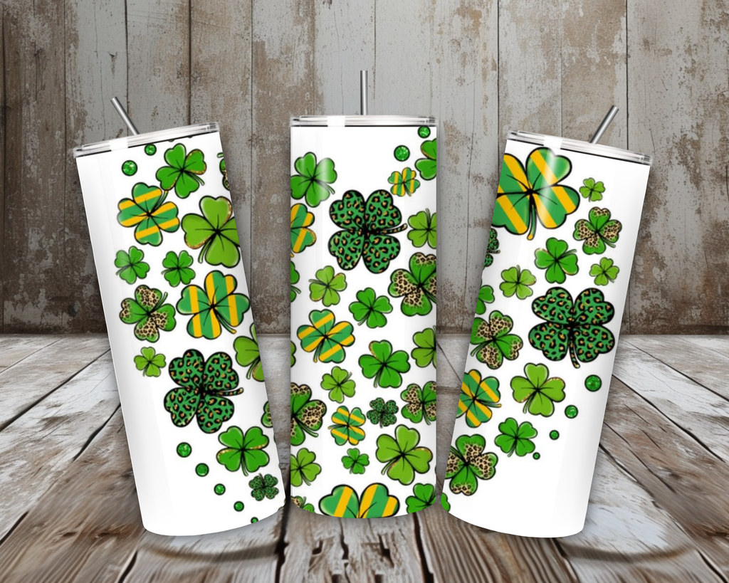 20 oz Lucky Shamrock Heart St. Patrick’s Day Tumbler – Leopard + Green/Gold Stripes (Lid + Straw)