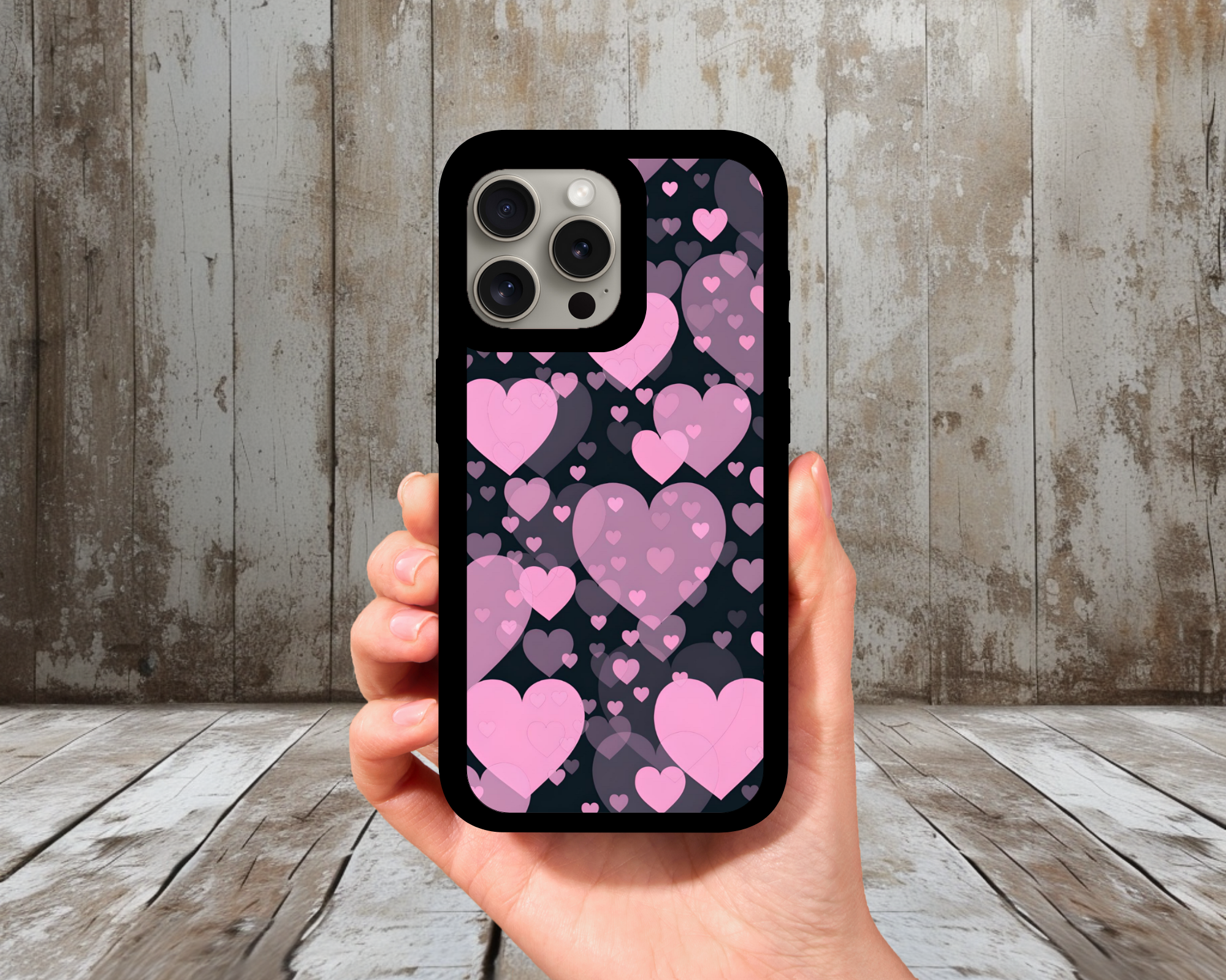 Pink Hearts on Black iPhone Case (Light Glitter Insert)