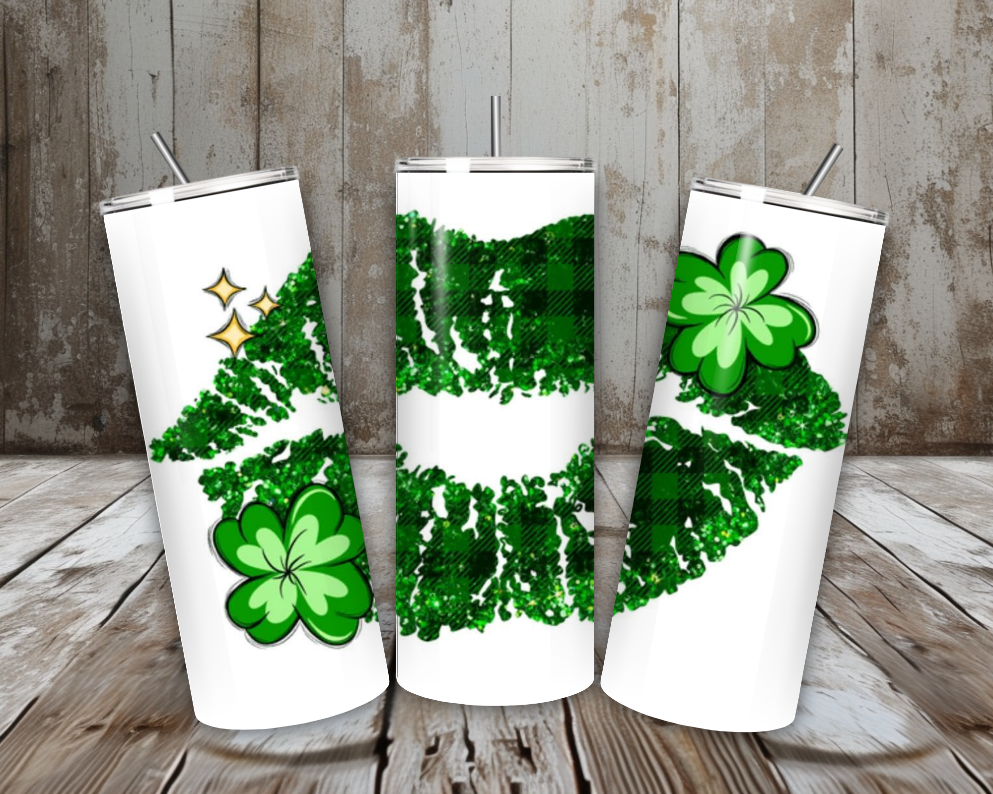 20 oz Lucky Green Plaid Shamrock Kiss Print St. Patrick’s Day Tumbler – Glitter Lips (Lid + Straw)