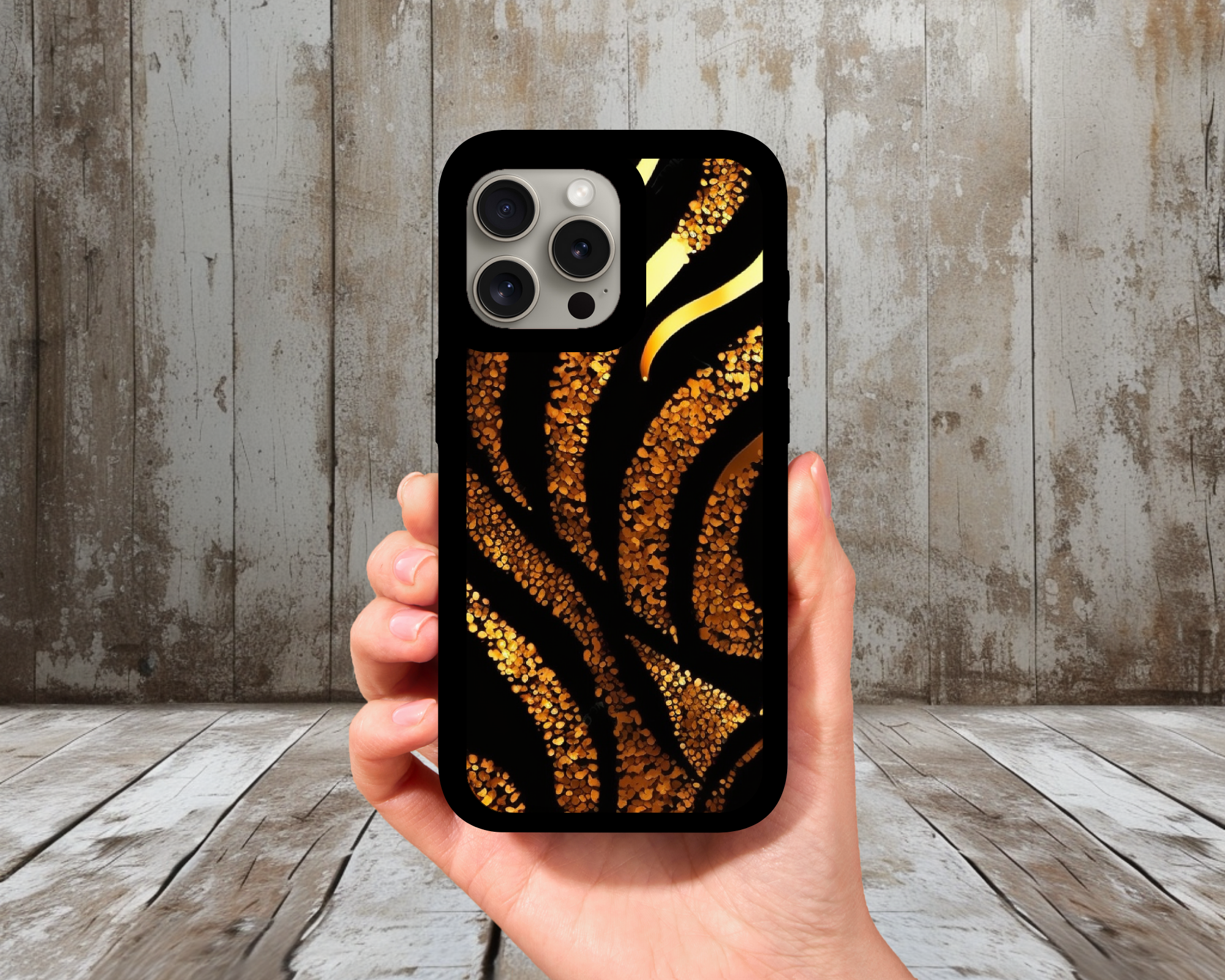 Gold Glitter Tiger Stripe iPhone Case (Light Glitter Insert)