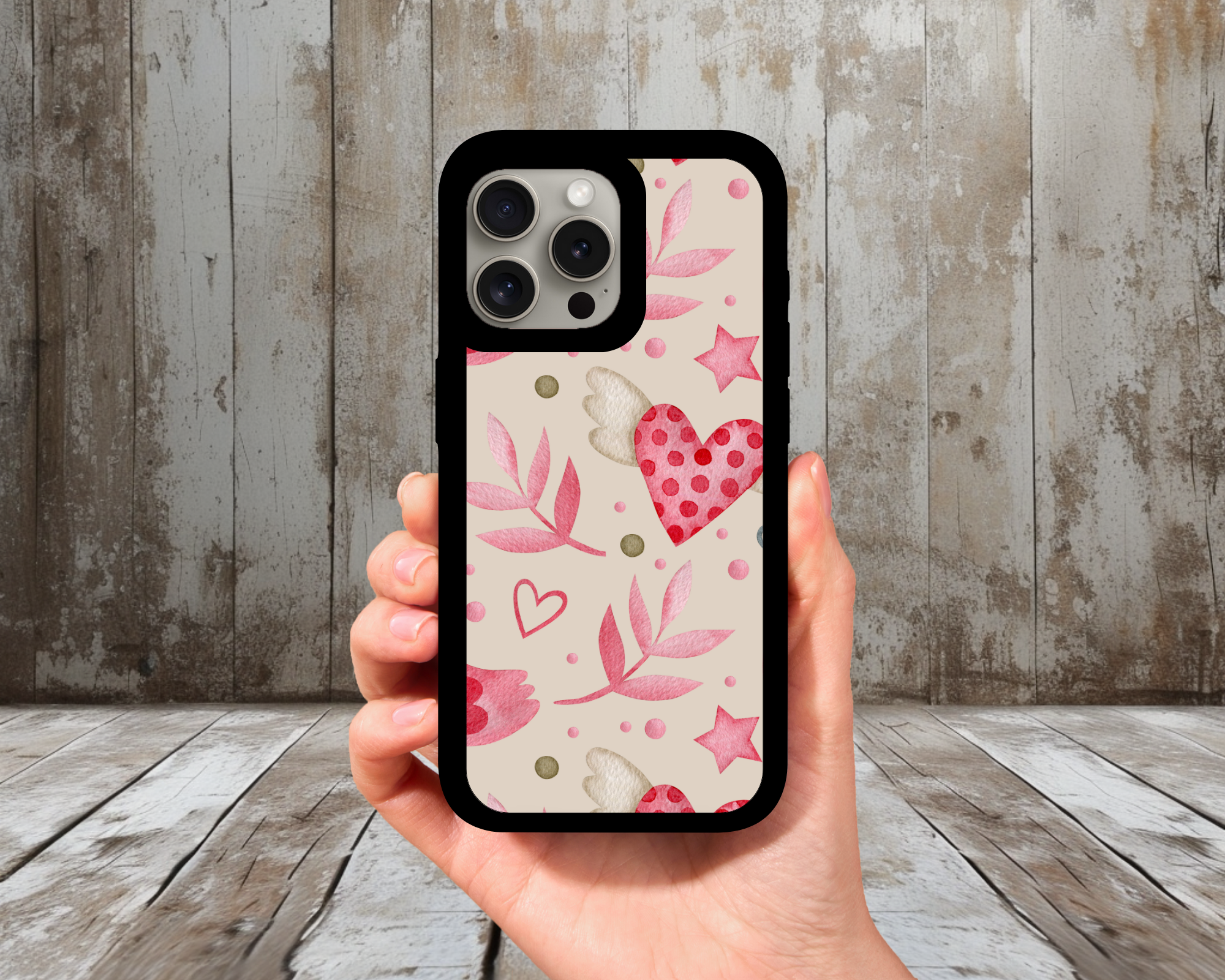Pink Polka Heart + Leaves iPhone Case (Light Glitter Insert)