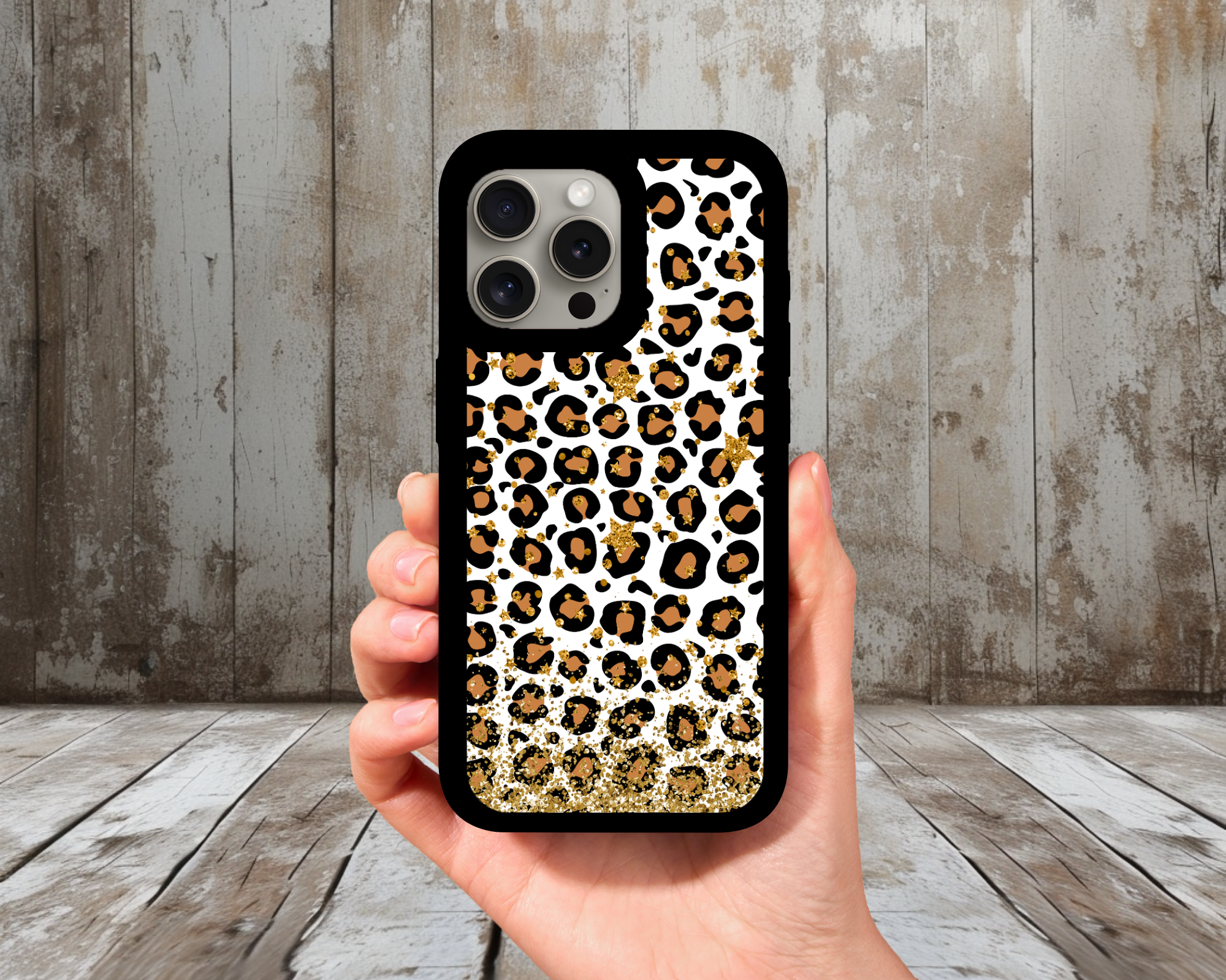 Leopard + Gold Stars iPhone Case (Light Glitter Insert)