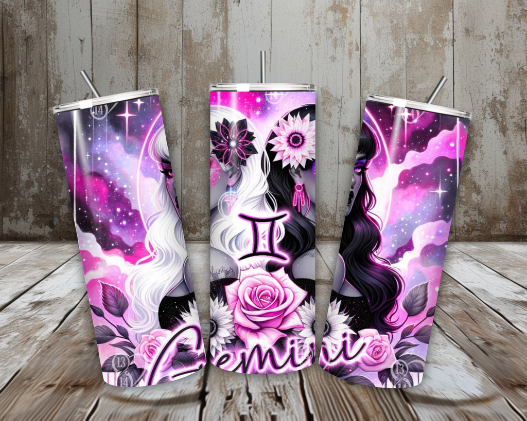 20 oz Gemini Twins Stainless Steel Tumbler – Neon Zodiac Goddess Art (Lid + Straw)