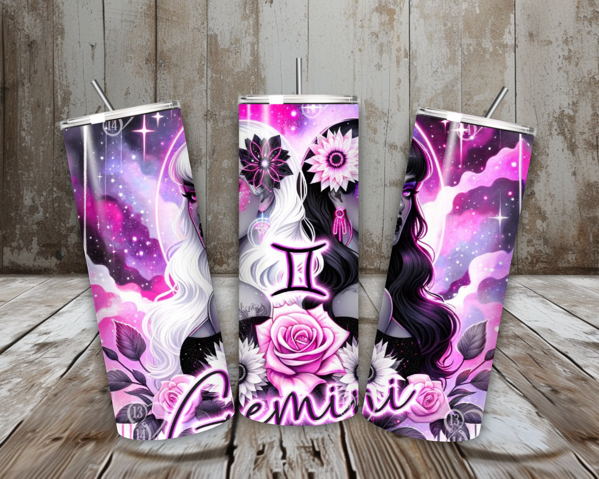 20 oz Gemini Twins Stainless Steel Tumbler – Neon Zodiac Goddess Art (Lid + Straw)