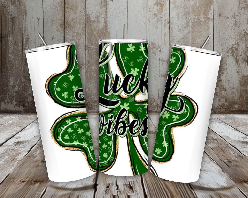 20 oz Lucky Vibes Shamrock Tumbler – Green Clover + Gold Glitter Outline (Lid + Straw)