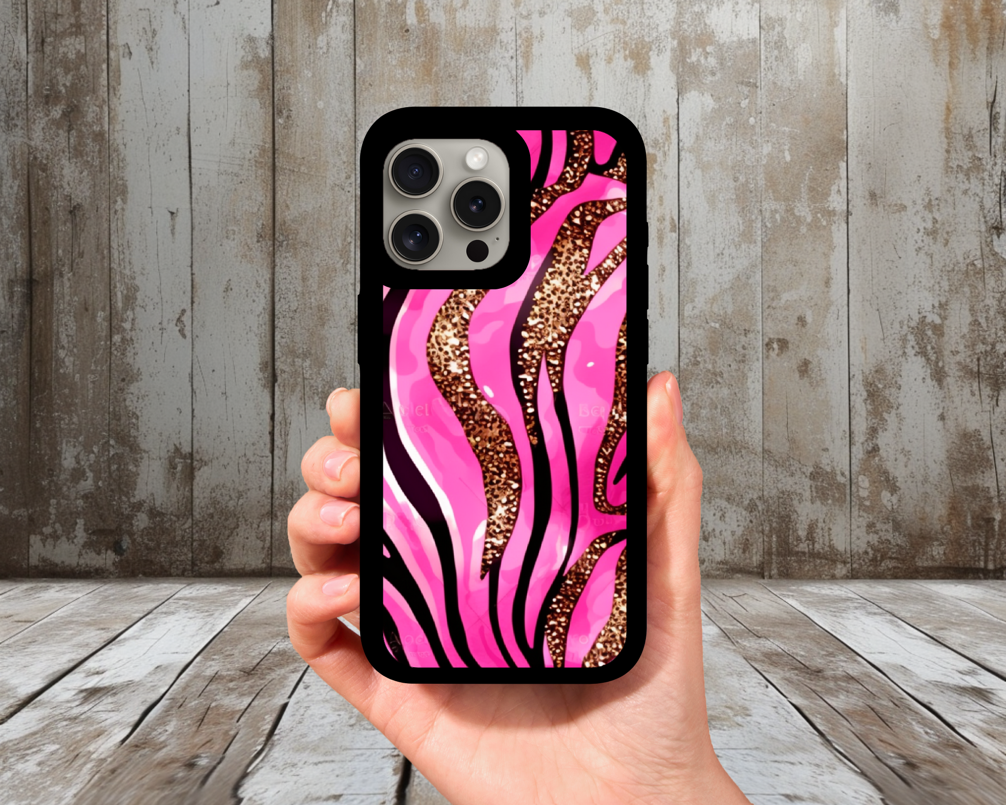 Hot Pink Zebra + Gold Glam iPhone Case (Light Glitter Insert)