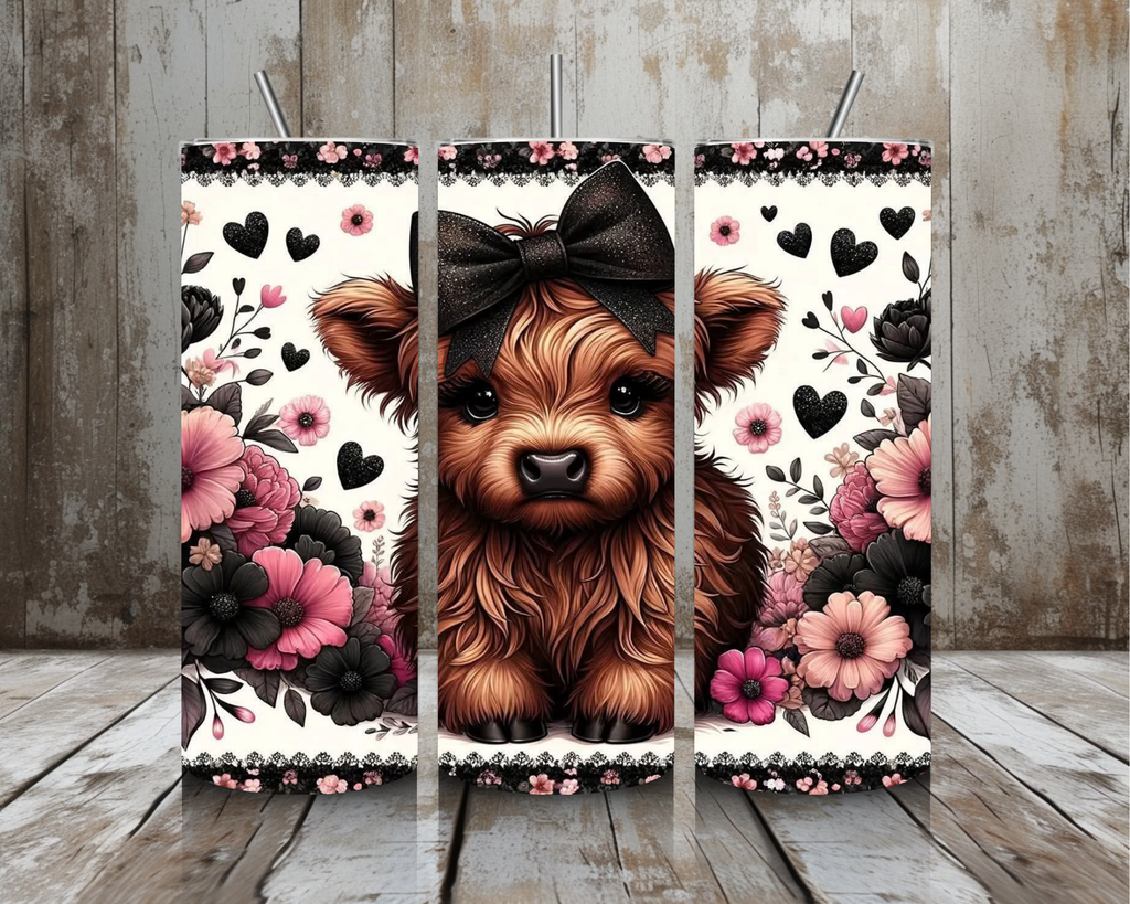 20 oz Highland Cow Bow & Floral Stainless Steel Tumbler – Pink & Black Hearts (Lid + Straw)