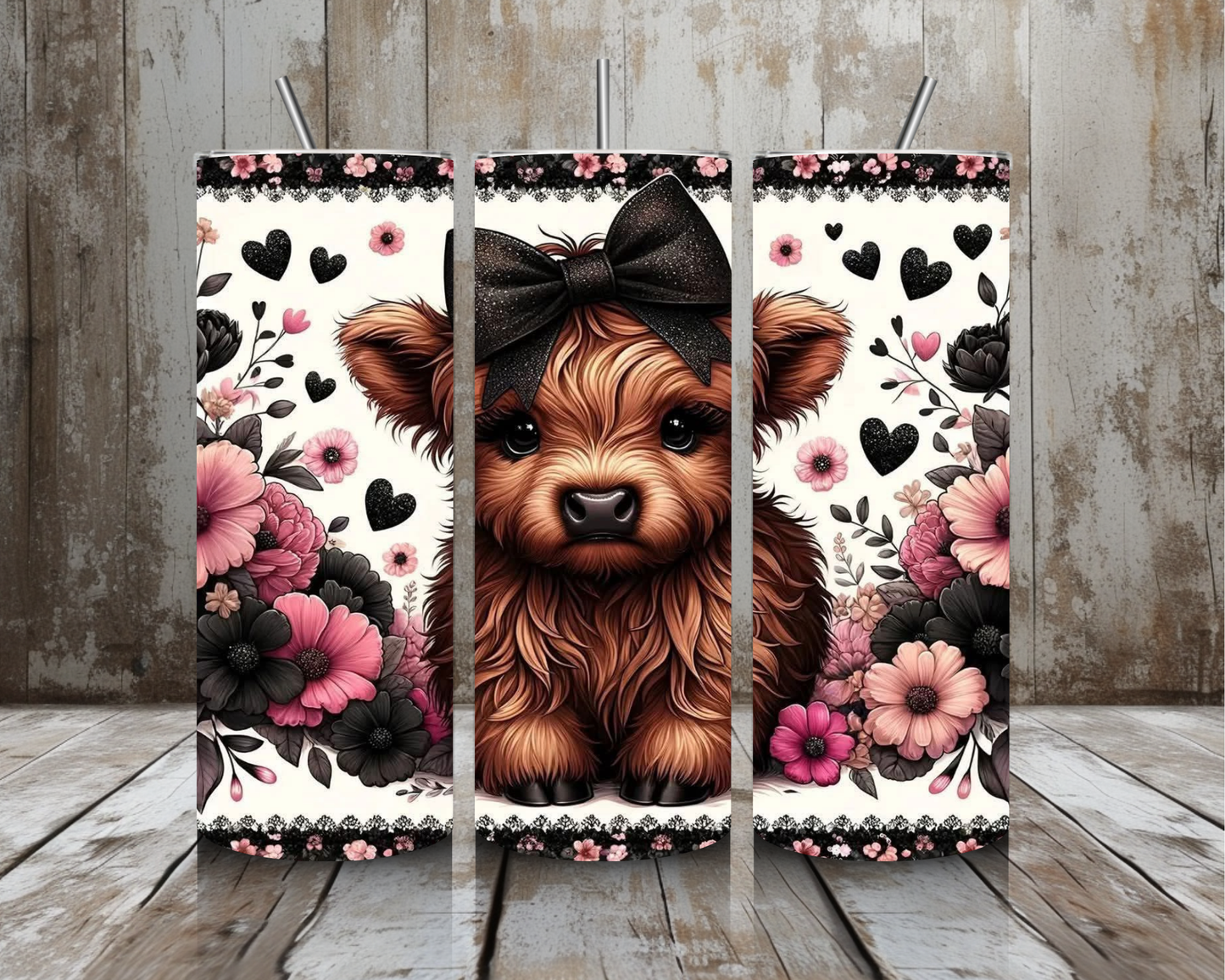 20 oz Highland Cow Bow & Floral Stainless Steel Tumbler – Pink & Black Hearts (Lid + Straw)