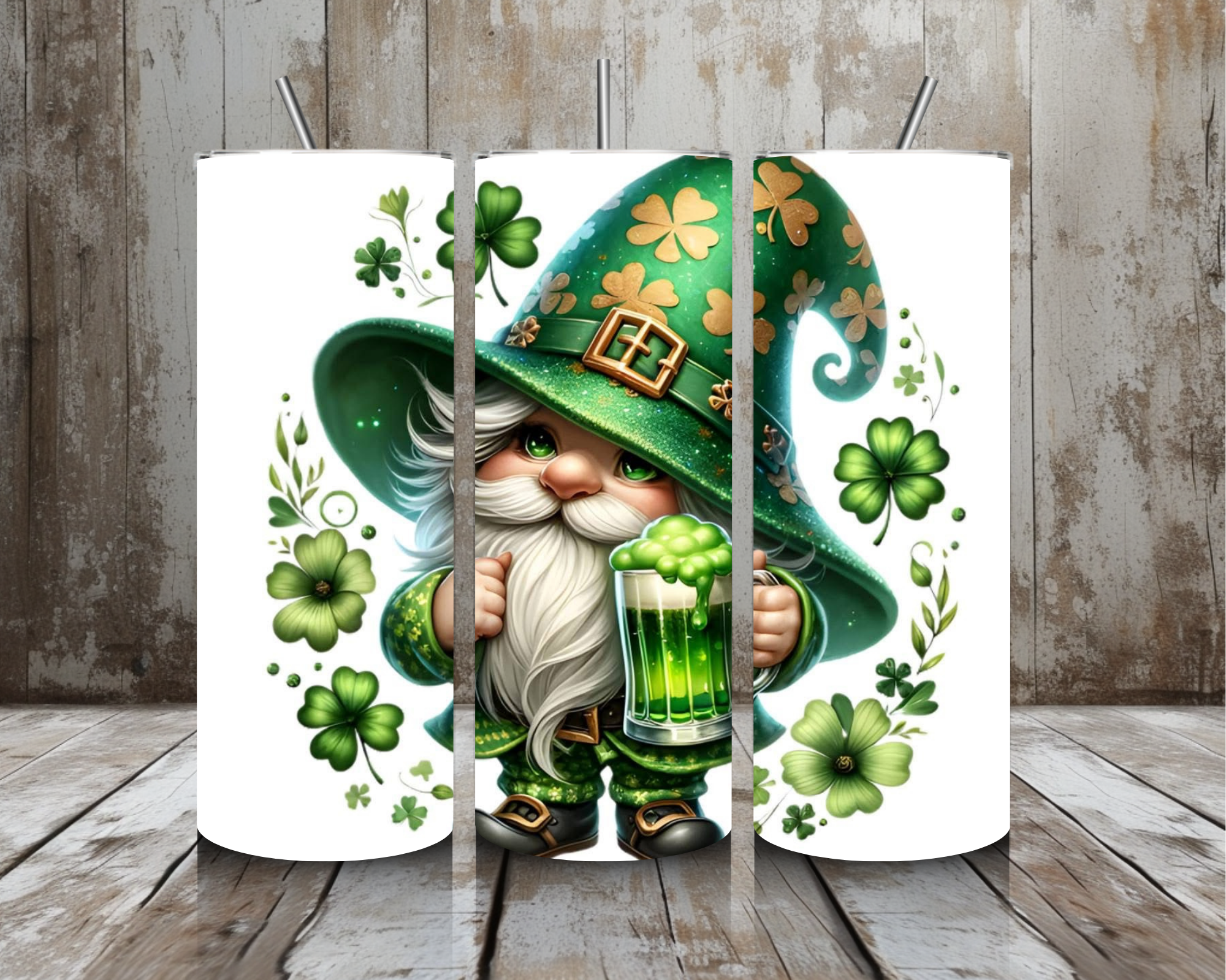 20 oz Leprechaun Gnome Beer St. Patrick’s Day Tumbler – Green Clover Hat Irish Lucky Cup – Lid + Stainless Steel Straw