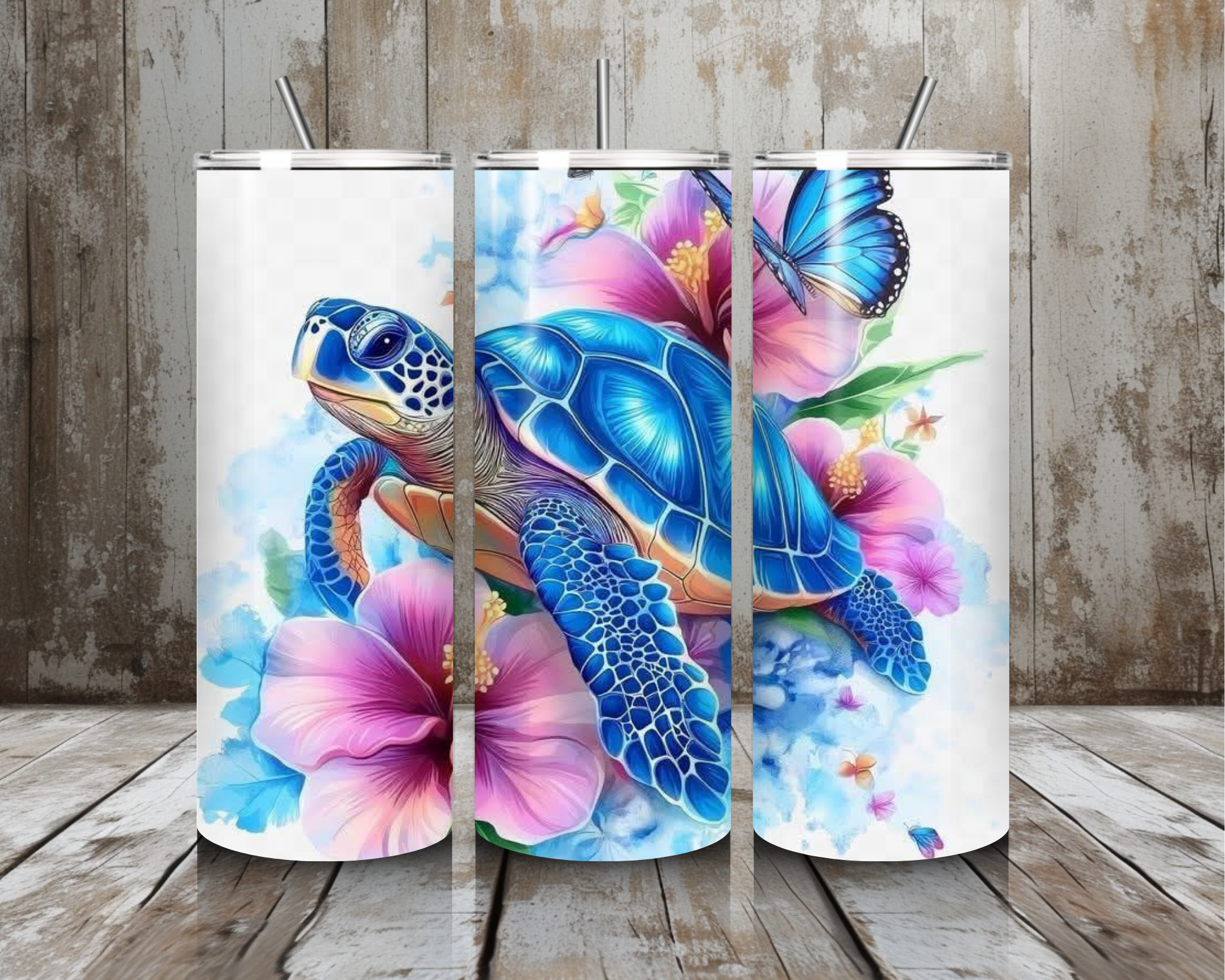 20 oz Sea Turtle & Hibiscus Stainless Steel Tumbler – Blue Ocean Watercolor Design (Lid + Straw)