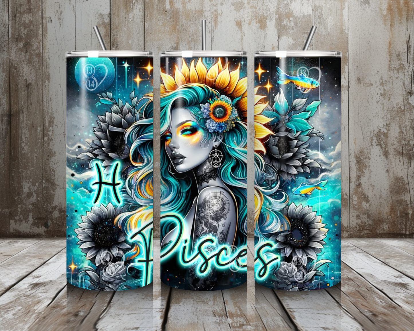 20 oz Pisces Goddess Stainless Steel Tumbler – Neon Zodiac Fantasy Art (Lid + Straw)