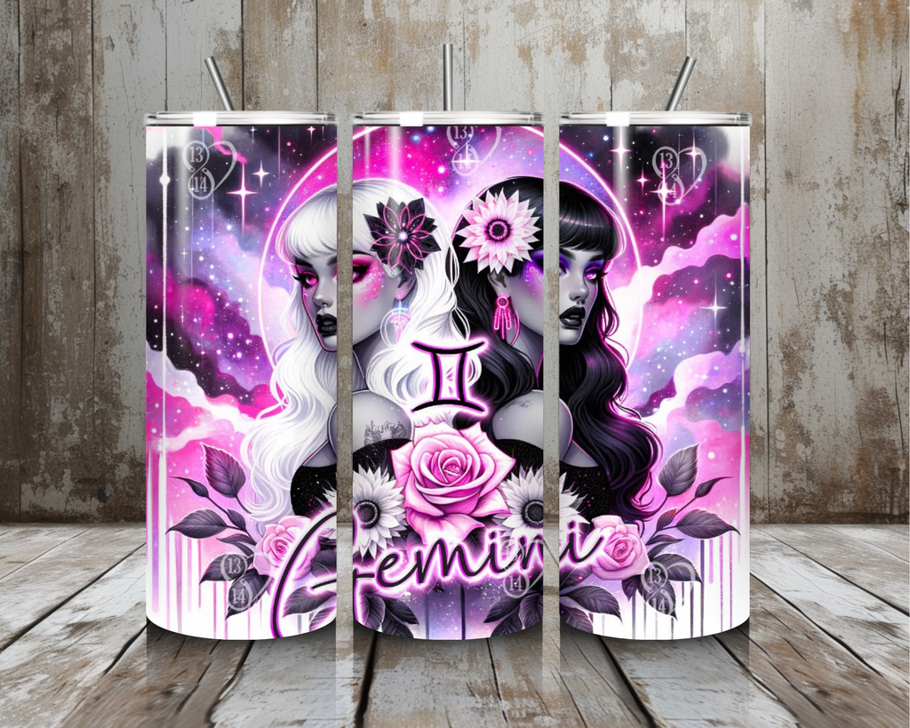 20 oz Gemini Twins Stainless Steel Tumbler – Neon Zodiac Goddess Art (Lid + Straw)