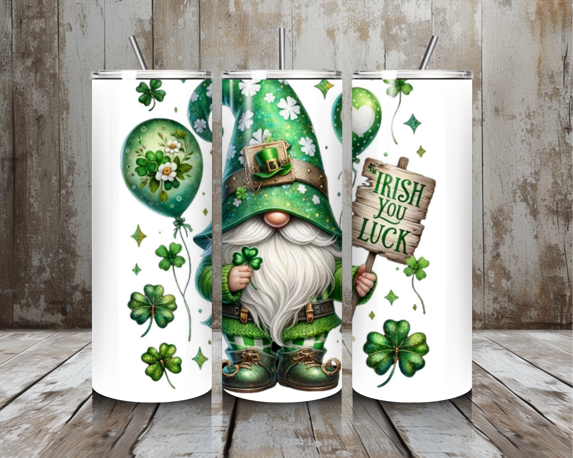 20 oz Irish You Luck Gnome Tumbler – St. Patrick’s Day Balloon & Shamrock Cup – Lid + Stainless Steel Straw