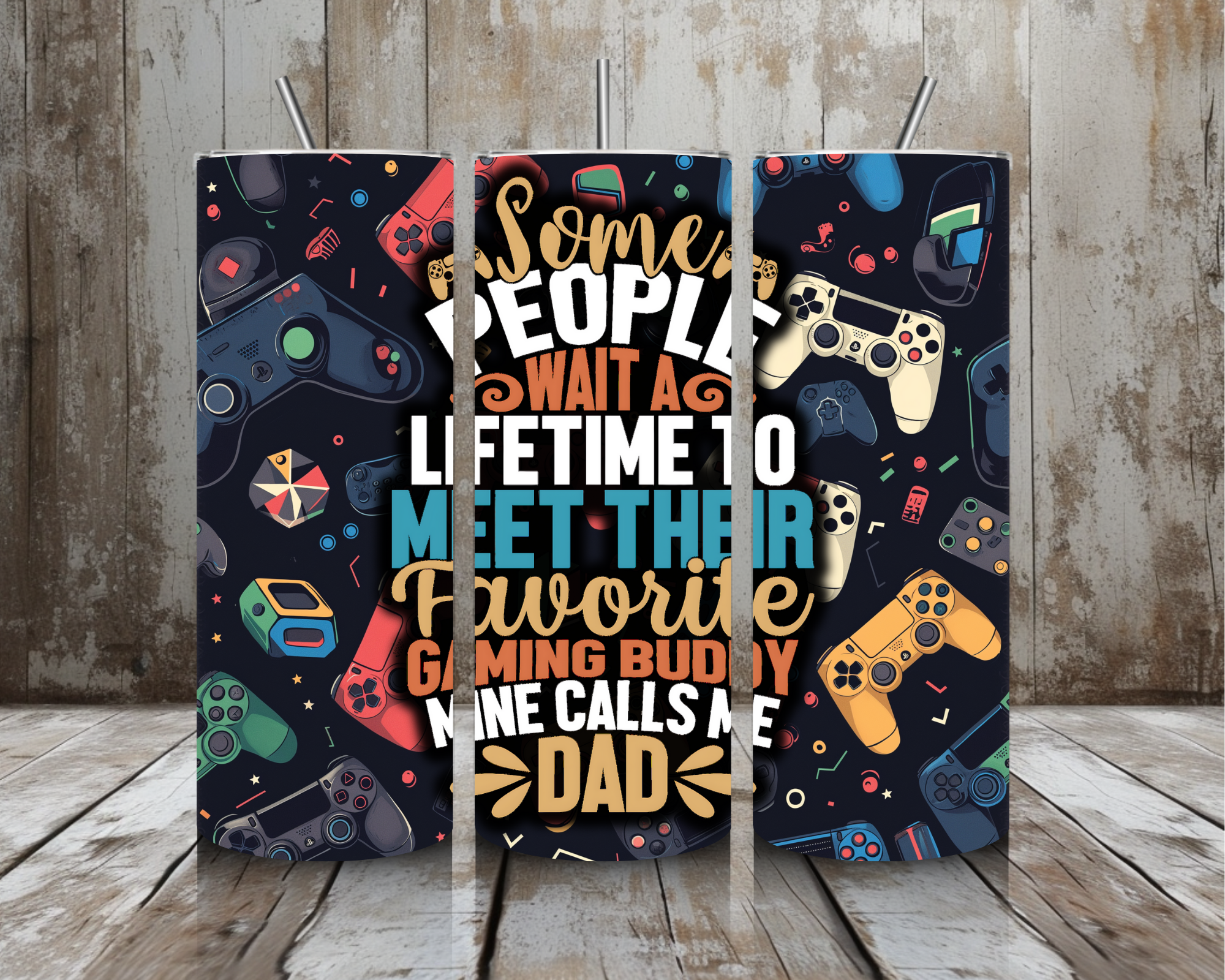 20 oz Gamer Dad Stainless Steel Tumbler – “Favorite Gaming Buddy” Quote (Lid + Straw)