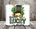 20 oz One Lucky Mama Tumbler – St. Patrick’s Day Messy Bun Shamrock & Leopard Print Design (Lid + Straw)