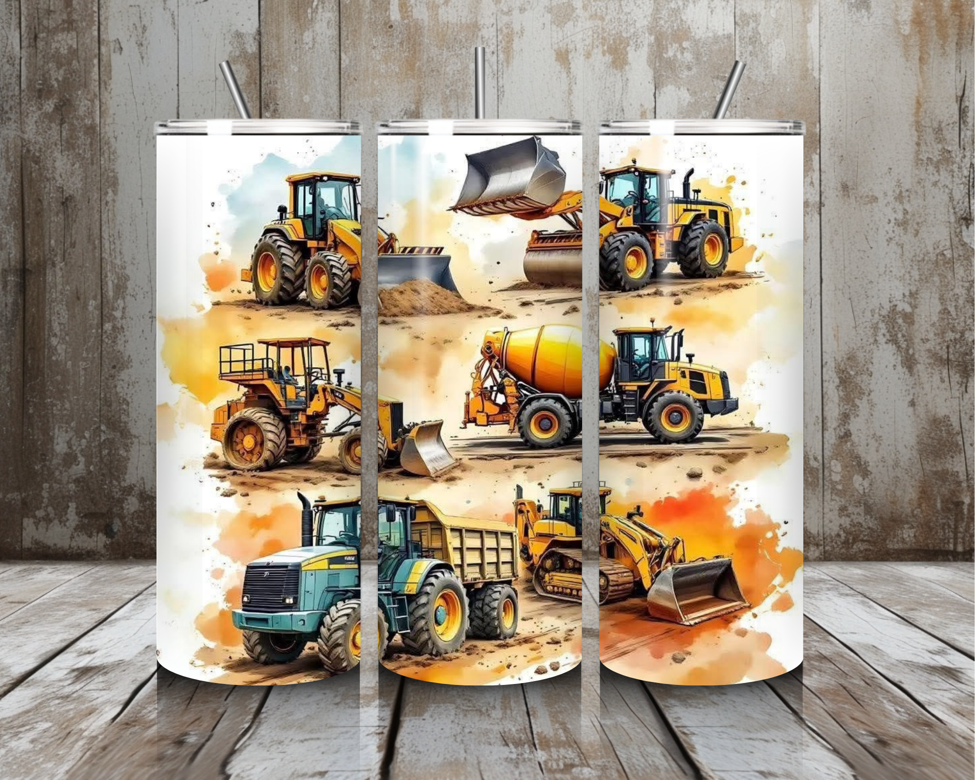 20 oz Construction Trucks Stainless Steel Tumbler – Heavy Equipment Watercolor Design (Lid + Straw)