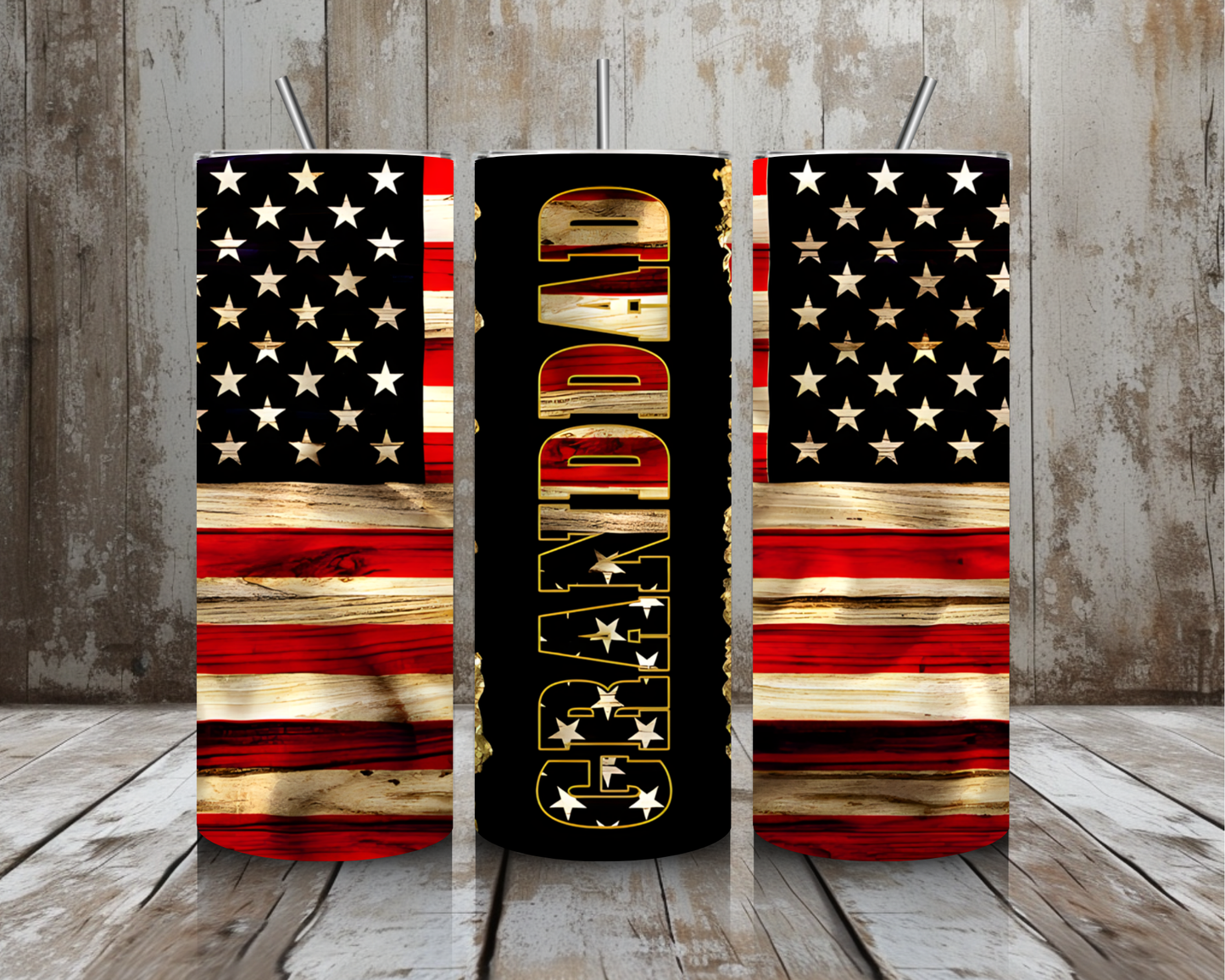 20 oz Grandad Patriotic Stainless Steel Tumbler – American Flag Wood Design (Lid + Straw)