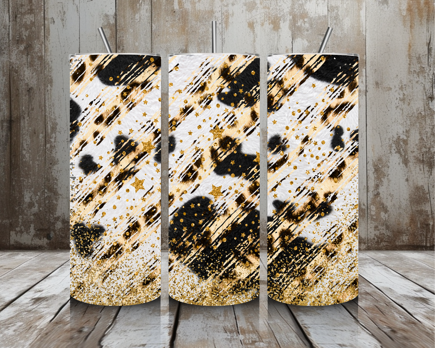 20 oz White Leopard & Gold Glitter Stainless Steel Tumbler – Glam Animal Print (Lid + Straw)