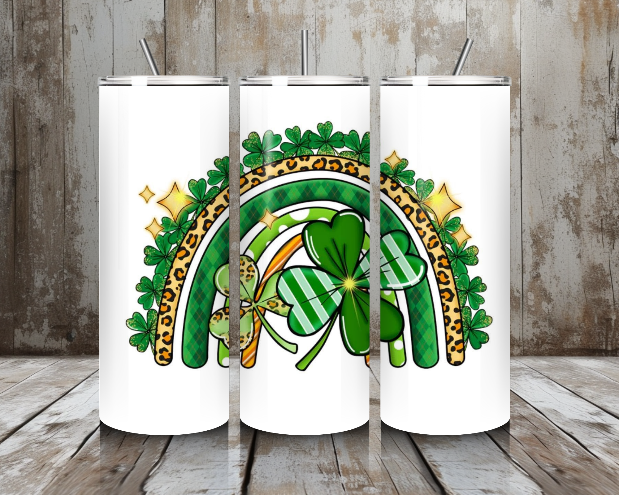 20 oz Lucky Rainbow Clover Tumbler – Leopard + Plaid Green St. Patrick’s Day (Lid + Straw)