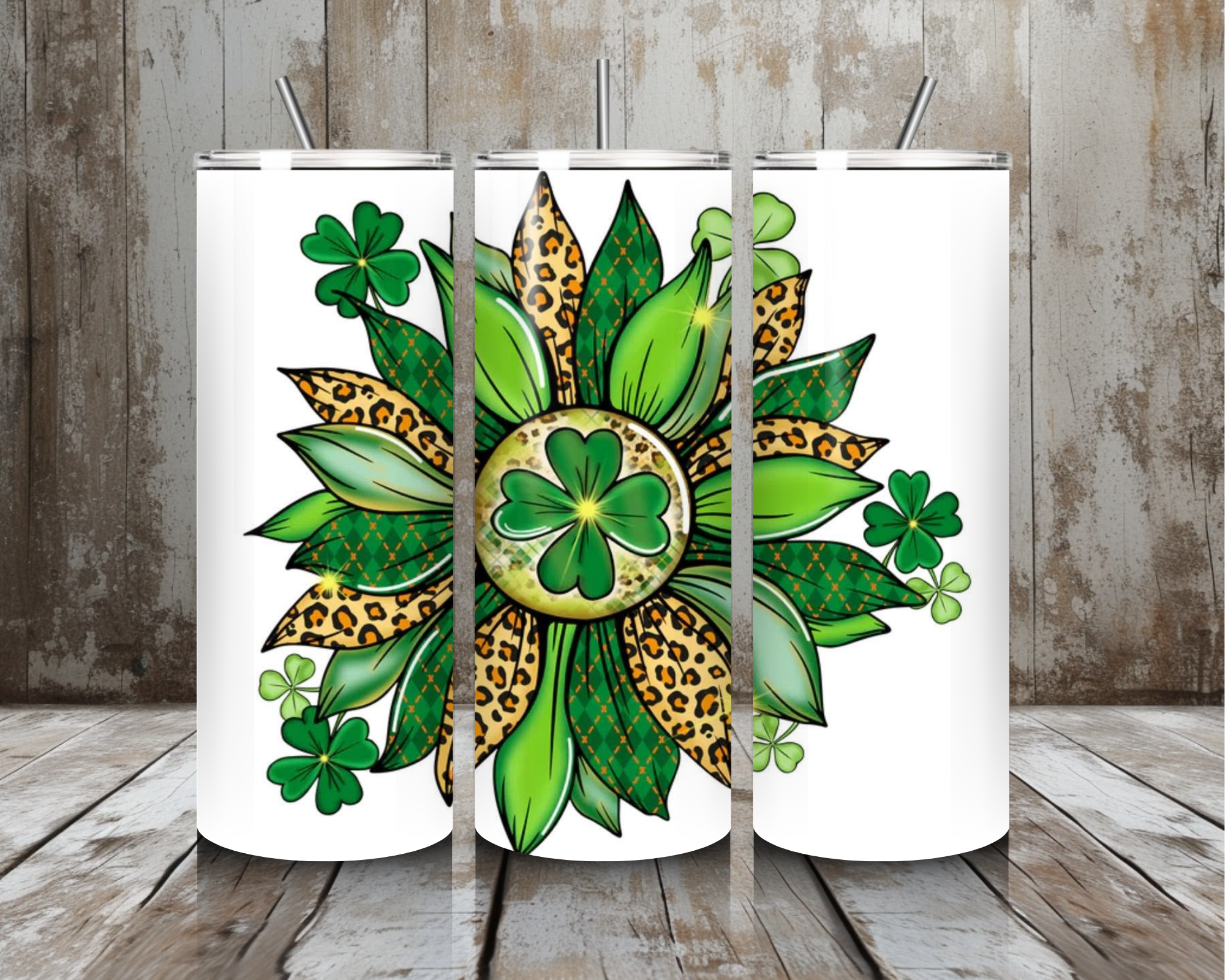 20 oz Lucky Shamrock Sunflower Tumbler – Leopard + Plaid Green St. Patrick’s Day (Lid + Straw)