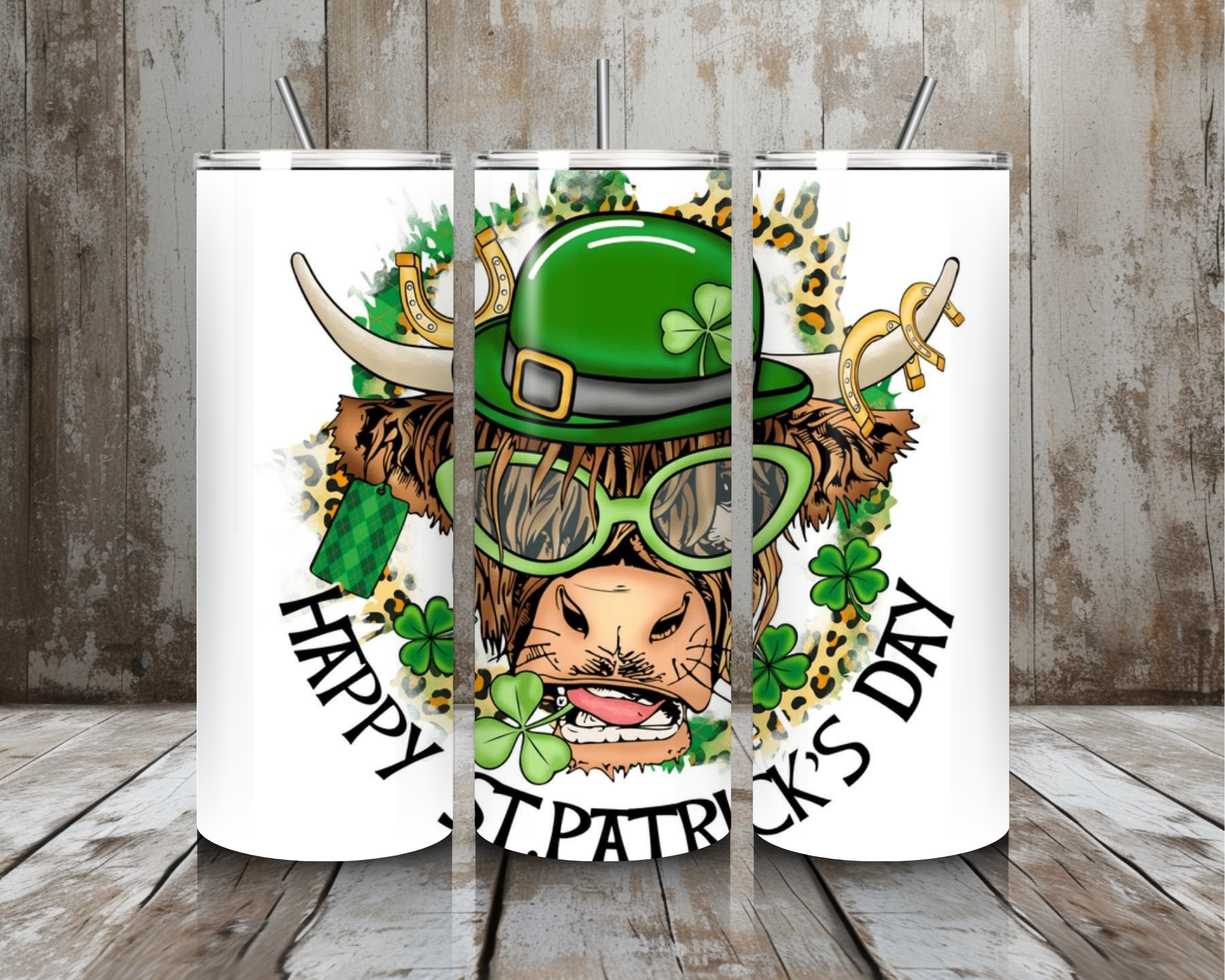 20 oz Happy St. Patrick’s Day Highland Cow Tumbler – Green Hat + Shamrocks (Lid + Straw)