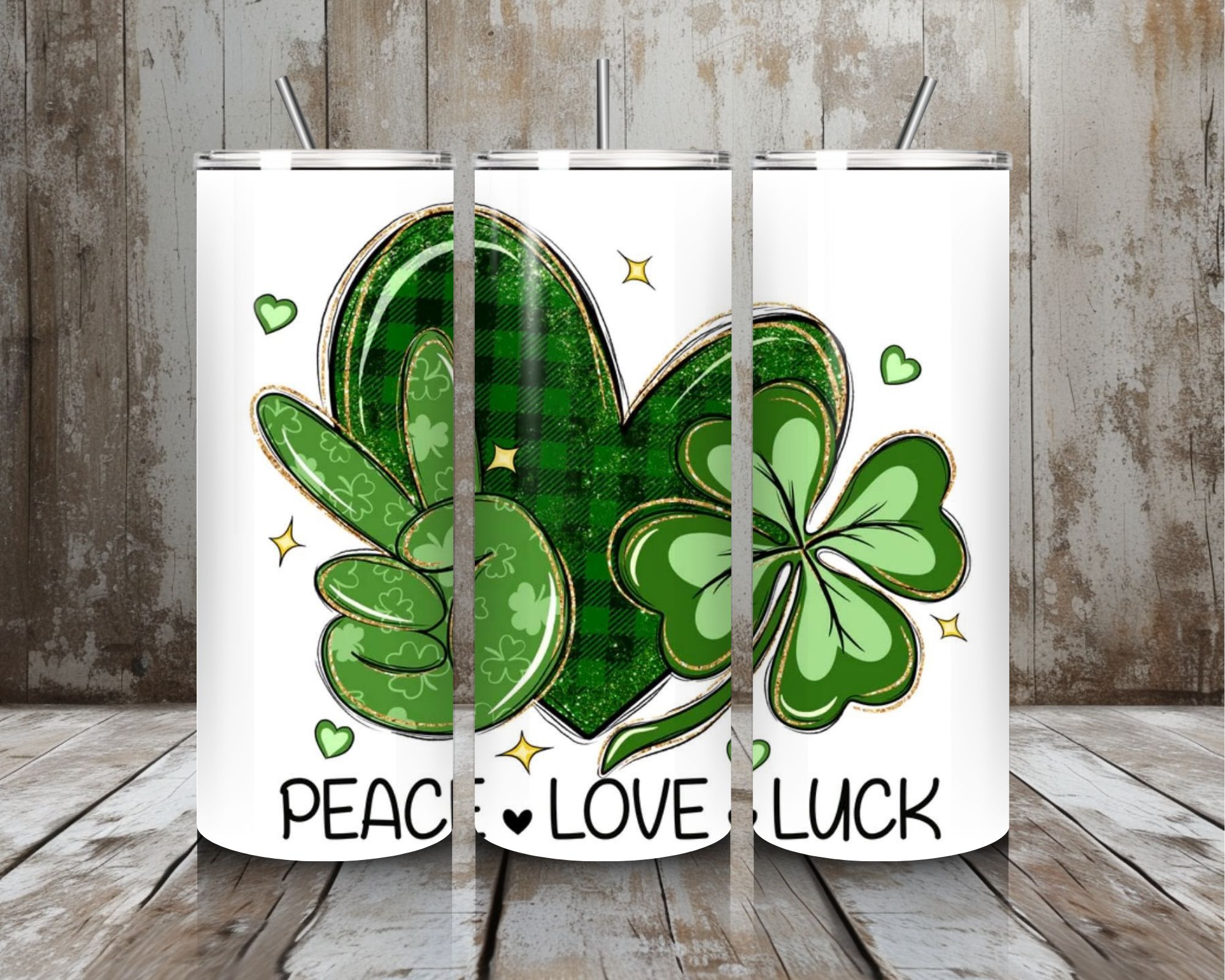 20 oz Peace Love Luck St. Patrick’s Day Tumbler – Shamrock Heart + Peace Sign Design (Lid + Straw)