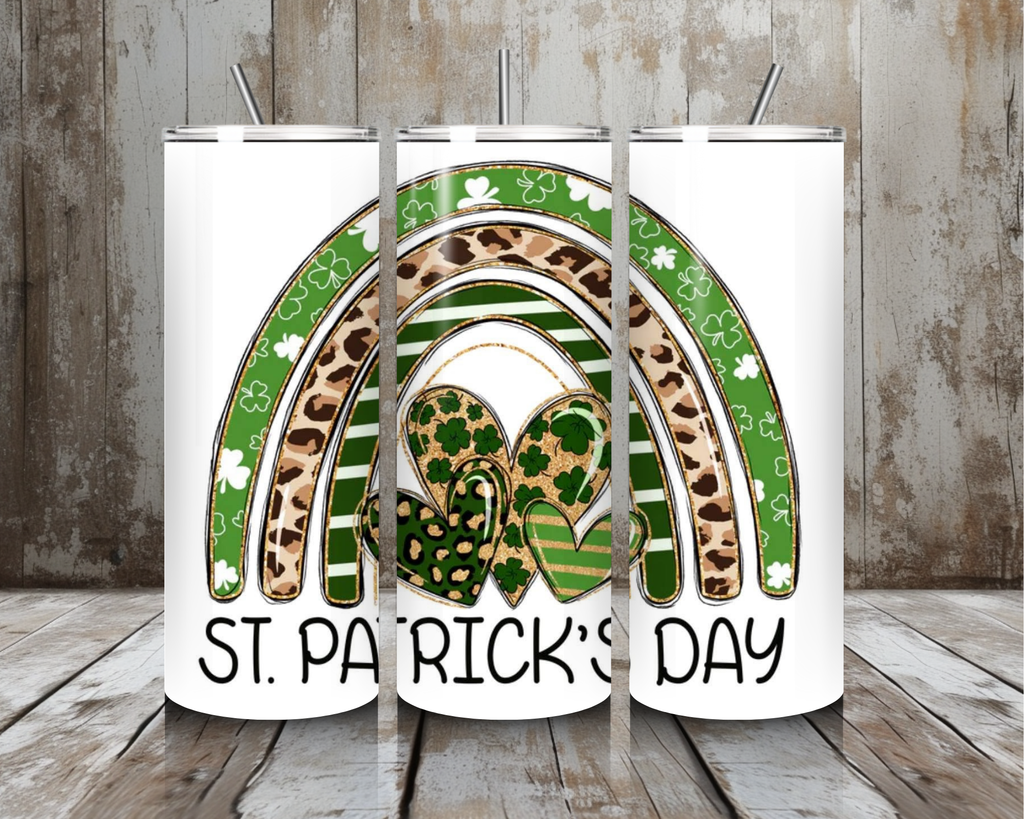 20 oz St. Patrick’s Day Rainbow Hearts Tumbler (Leopard + Green Stripe) – Lid + Stainless Steel Straw