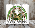 20 oz St. Patrick’s Day Rainbow Hearts Tumbler (Leopard + Green Stripe) – Lid + Stainless Steel Straw